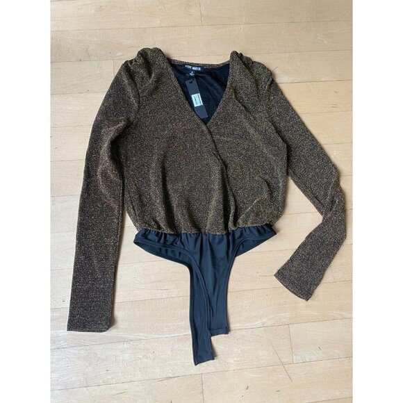 Steve Madden BNWT womens gold glitter faux wrap bodysuit sz small long sleeve - Picture 2 of 8